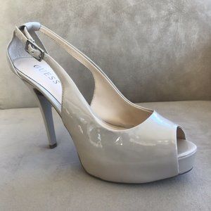 Women’s GUESS 8.5M Tan Patent 4.5”Open-toe Heels “Hondos” Hidden 1” Platform EUC